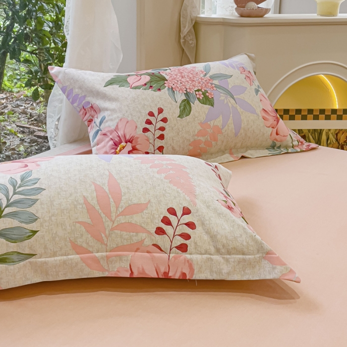 91家纺网 家纺一手货源 找家纺 金丝鸟 2023新款原棉磨毛四件套小清新系列 蔚然花粉