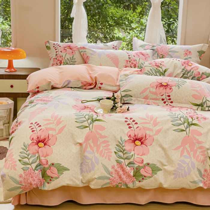 91家纺网 家纺一手货源 找家纺 金丝鸟 2023新款原棉磨毛四件套小清新系列 蔚然花粉