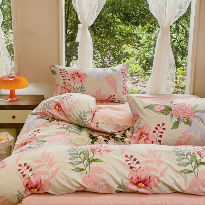 91家纺网 家纺一手货源 找家纺 金丝鸟 2023新款原棉磨毛四件套小清新系列 蔚然花粉