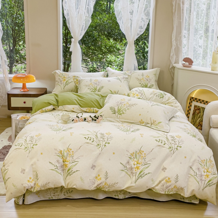 91家纺网 家纺一手货源 找家纺 金丝鸟 2023新款原棉磨毛四件套小清新系列 仙草