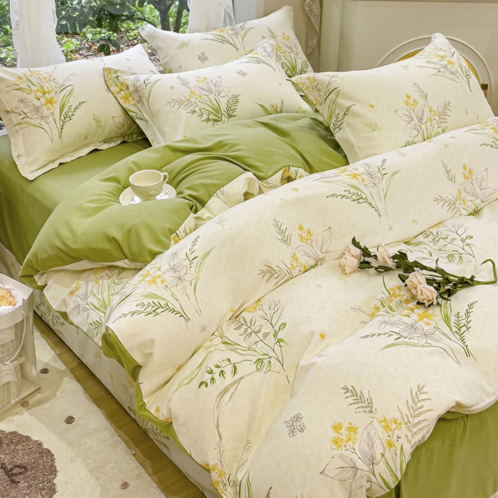 91家纺网 家纺一手货源 找家纺 金丝鸟 2023新款原棉磨毛四件套小清新系列 仙草