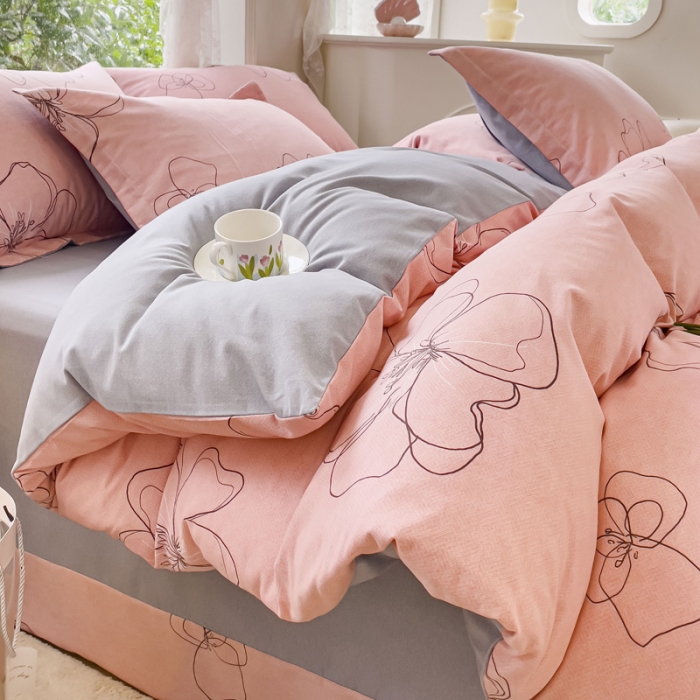 91家纺网 家纺一手货源 找家纺 金丝鸟 2023新款原棉磨毛四件套小清新系列 邂逅粉