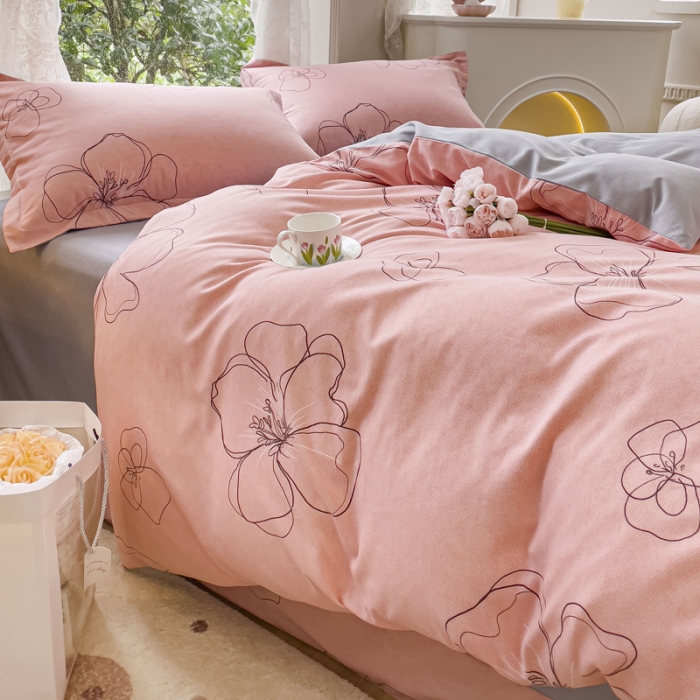 91家纺网 家纺一手货源 找家纺 金丝鸟 2023新款原棉磨毛四件套小清新系列 邂逅粉