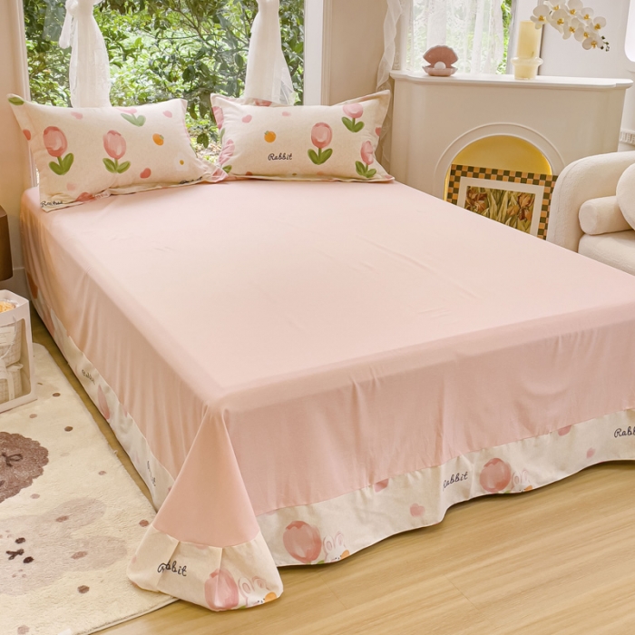 91家纺网 家纺一手货源 找家纺 金丝鸟 2023新款原棉磨毛四件套小清新系列 郁金香小兔