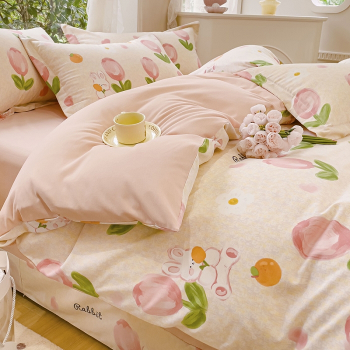 91家纺网 家纺一手货源 找家纺 金丝鸟 2023新款原棉磨毛四件套小清新系列 郁金香小兔