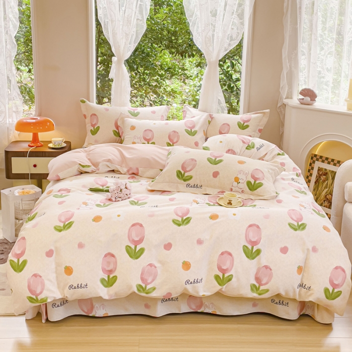 91家纺网 家纺一手货源 找家纺 金丝鸟 2023新款原棉磨毛四件套小清新系列 郁金香小兔