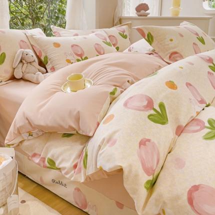 金丝鸟 2023新款原棉磨毛四件套小清新系列 郁金香小兔