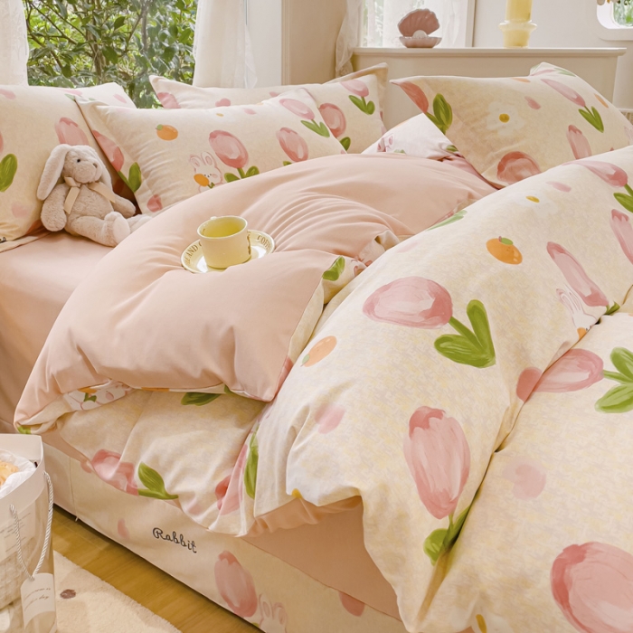 91家纺网 家纺一手货源 找家纺 金丝鸟 2023新款原棉磨毛四件套小清新系列 郁金香小兔