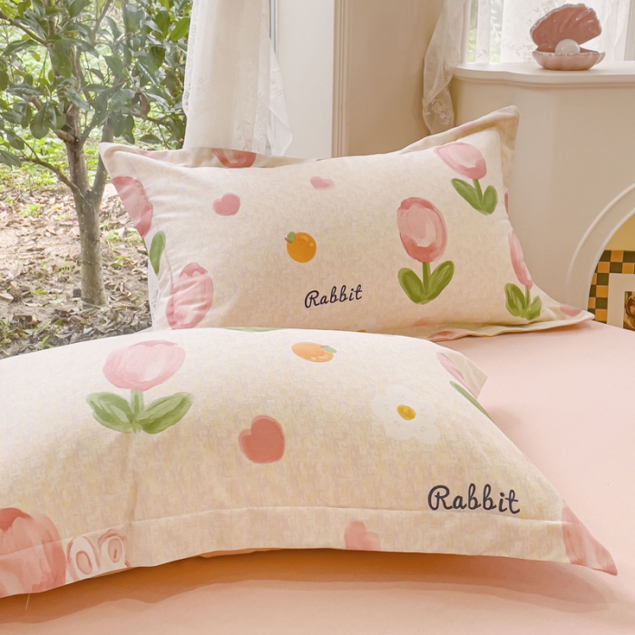 91家纺网 家纺一手货源 找家纺 金丝鸟 2023新款原棉磨毛四件套小清新系列 郁金香小兔