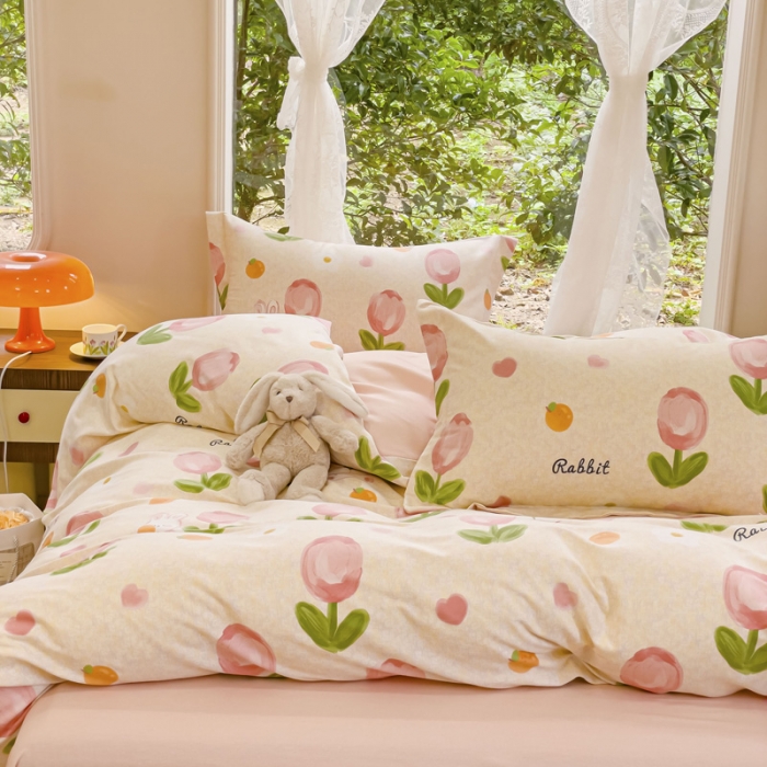 91家纺网 家纺一手货源 找家纺 金丝鸟 2023新款原棉磨毛四件套小清新系列 郁金香小兔