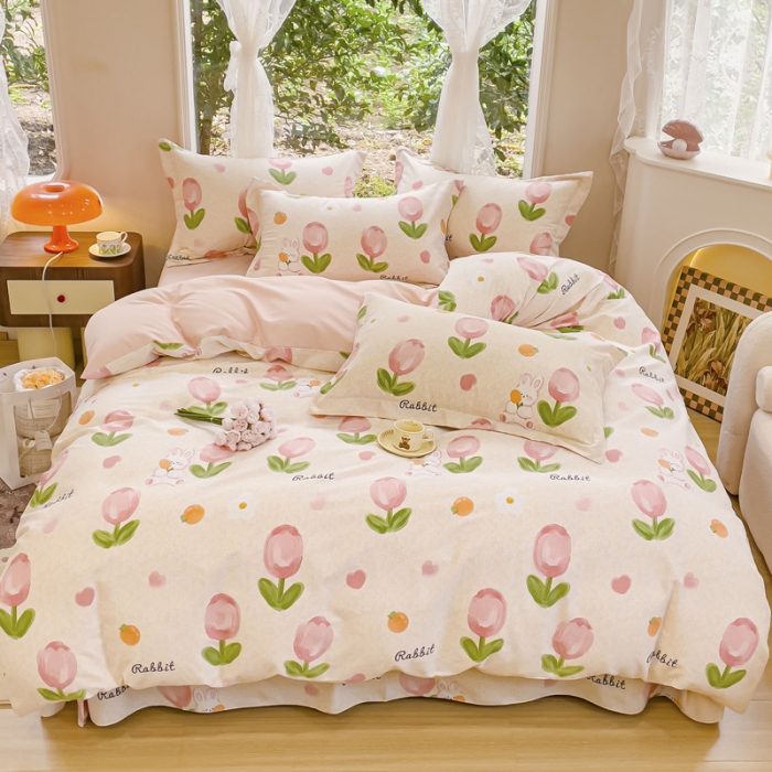 91家纺网 家纺一手货源 找家纺 金丝鸟 2023新款原棉磨毛四件套小清新系列 郁金香小兔