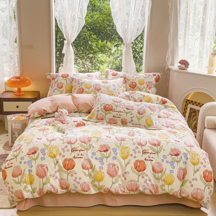 91家纺网 家纺一手货源 找家纺 金丝鸟 2023新款原棉磨毛四件套小清新系列 长岛花兔