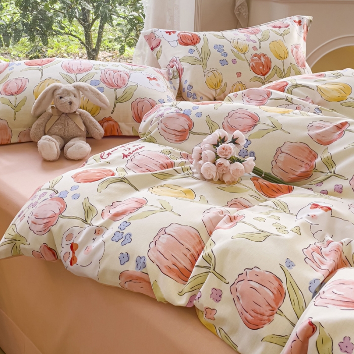 91家纺网 家纺一手货源 找家纺 金丝鸟 2023新款原棉磨毛四件套小清新系列 长岛花兔