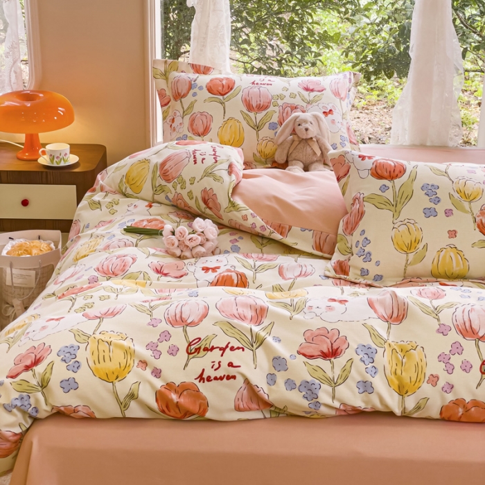 91家纺网 家纺一手货源 找家纺 金丝鸟 2023新款原棉磨毛四件套小清新系列 长岛花兔