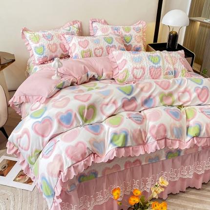 91家纺网 家纺一手货源 找家纺 A类水洗棉麻双层纱床盖款夏被四件套夹棉床裙蕾丝花边纯棉全棉夏凉被套床盖