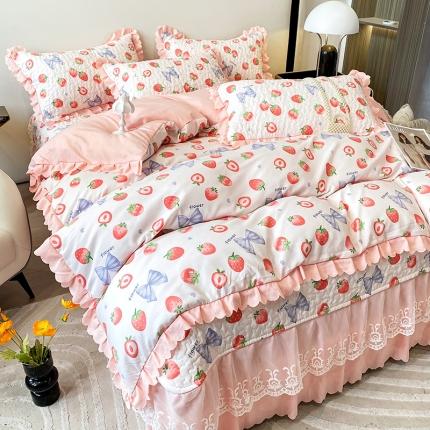 91家纺网 家纺一手货源 找家纺 A类水洗棉麻双层纱床盖款夏被四件套夹棉床裙蕾丝花边纯棉全棉夏凉被套床盖