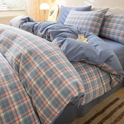 91家纺网 家纺一手货源 找家纺 吉象 2023新款全棉色织水洗棉四件套 初晴蓝