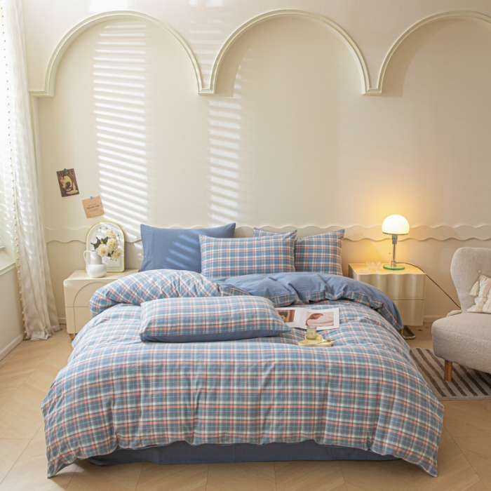 91家纺网 家纺一手货源 找家纺 吉象 2023新款全棉色织水洗棉四件套 初晴蓝