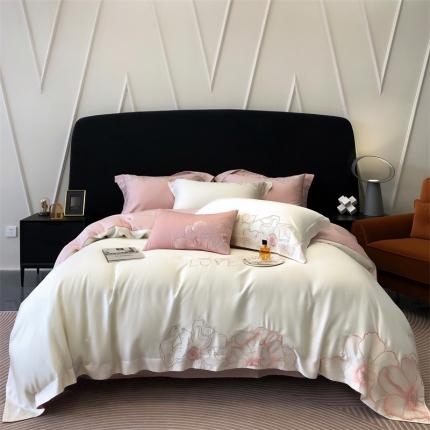 91家纺网 家纺一手货源 找家纺 馨蕊 2023秋冬新品LF奥地利兰精天丝花恋系列四件套 天丝花恋-粉白