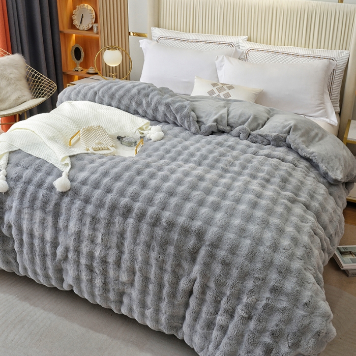 91家纺网 家纺一手货源 找家纺 启优 2023新款高端兔毛绒多功能毛毯380克兔毛绒被套 灰色