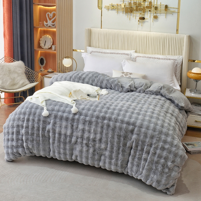 91家纺网 家纺一手货源 找家纺 启优 2023新款高端兔毛绒多功能毛毯380克兔毛绒被套 灰色