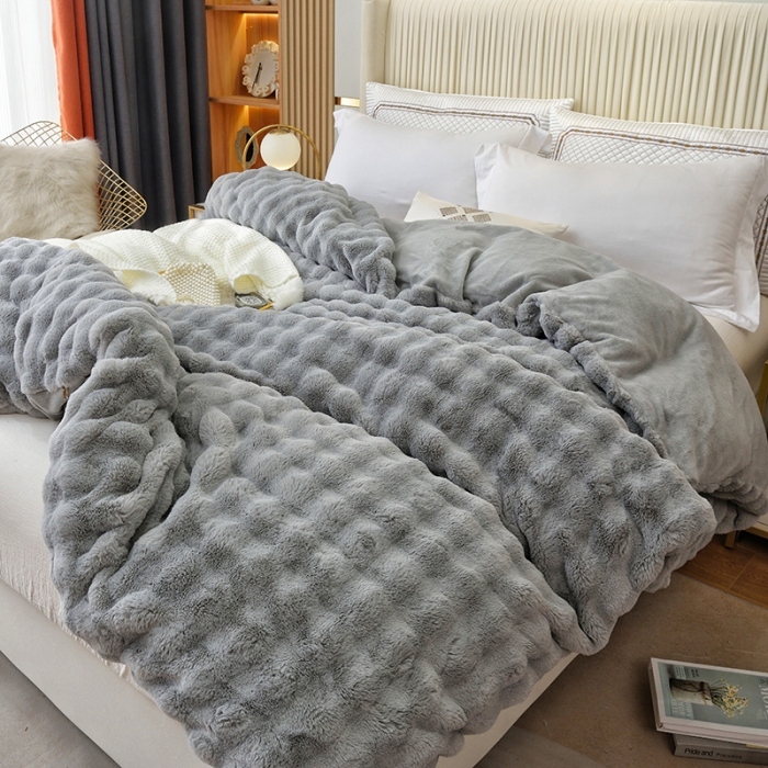 91家纺网 家纺一手货源 找家纺 启优 2023新款高端兔毛绒多功能毛毯380克兔毛绒被套 灰色