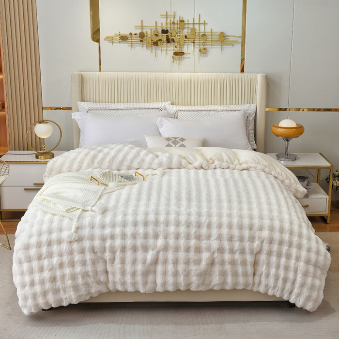 91家纺网 家纺一手货源 找家纺 启优 2023新款高端兔毛绒多功能毛毯380克兔毛绒被套 米白色