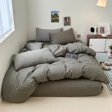 91家纺网 家纺一手货源 找家纺 北欧良品 2023新款A类纯色条纹系色织水洗棉四件套 冷灰素色