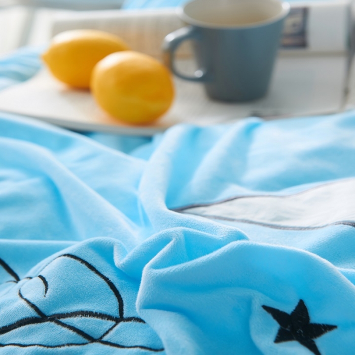 91家纺网 家纺一手货源 找家纺 梵克保罗 2024新款秋冬婴儿绒卡通轻奢刺绣四件套 火列鸟-天兰