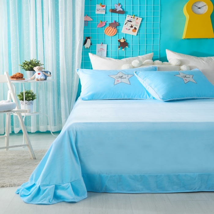 91家纺网 家纺一手货源 找家纺 梵克保罗 2024新款秋冬婴儿绒卡通轻奢刺绣四件套 火列鸟-天兰