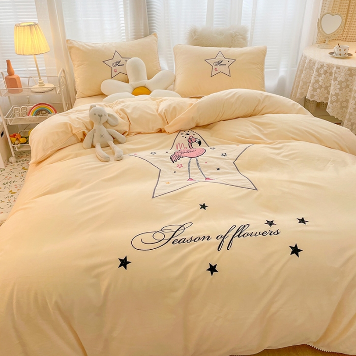 91家纺网 家纺一手货源 找家纺 梵克保罗 2024新款秋冬婴儿绒卡通轻奢刺绣四件套 火烈鸟-黄