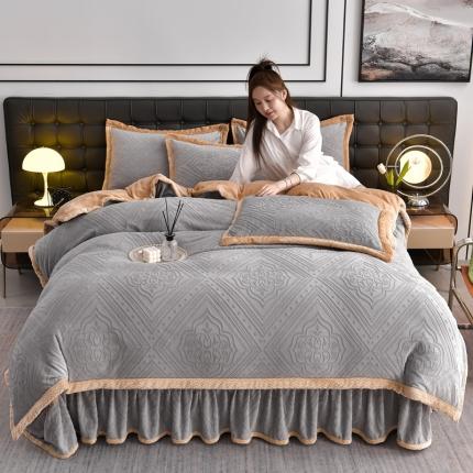 馨梦缘 2025新款轻奢宽边纯色A类牛奶绒雕花四件套 欧式-温馨绅士灰