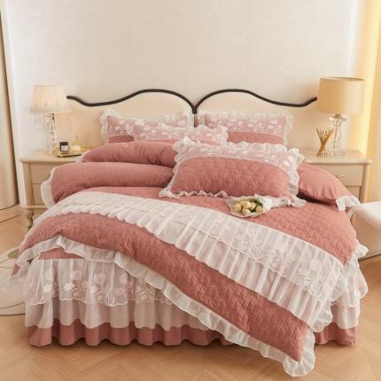 91家纺网 家纺一手货源 找家纺 恋尚 2023新款蜜桃棉蕾丝夹棉床裙四件套-香榭丽舍 香谢丽舍-豆沙