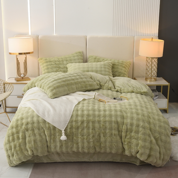 91家纺网 家纺一手货源 找家纺 启优家纺 2023新款泡芙兔毛绒四件套 果绿