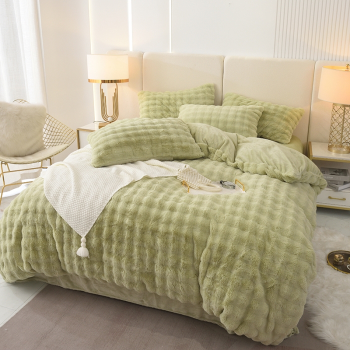 91家纺网 家纺一手货源 找家纺 启优家纺 2023新款泡芙兔毛绒四件套 果绿