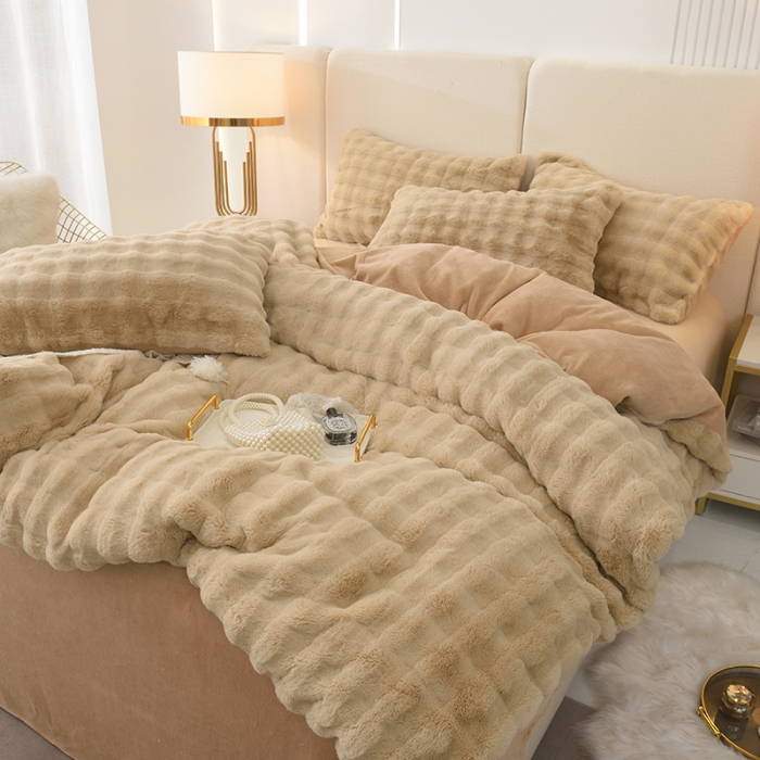 91家纺网 家纺一手货源 找家纺 启优家纺 2023新款泡芙兔毛绒四件套 米咖