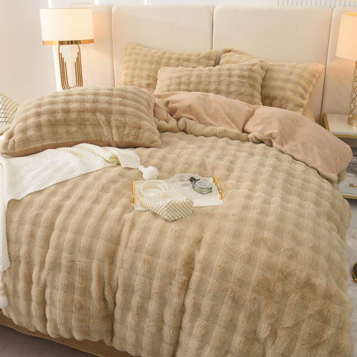 91家纺网 家纺一手货源 找家纺 启优家纺 2023新款泡芙兔毛绒四件套 米咖