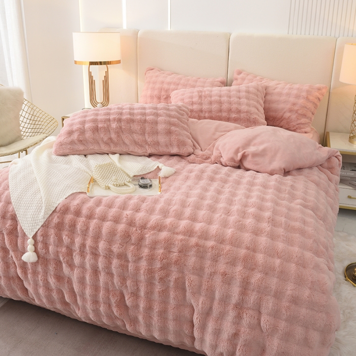 91家纺网 家纺一手货源 找家纺 启优家纺 2023新款泡芙兔毛绒四件套 蜜桃粉