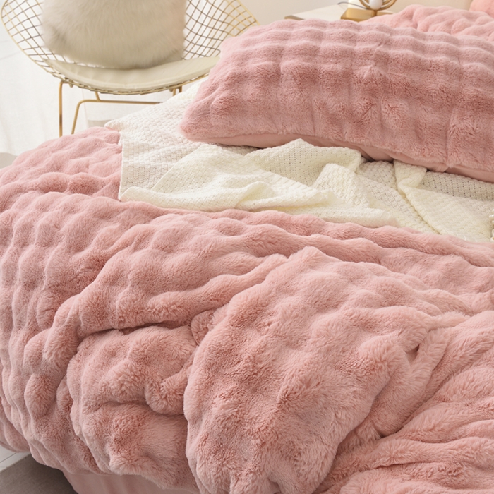 91家纺网 家纺一手货源 找家纺 启优家纺 2023新款泡芙兔毛绒四件套 蜜桃粉