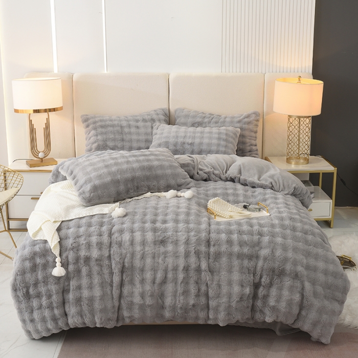 91家纺网 家纺一手货源 找家纺 启优家纺 2023新款泡芙兔毛绒四件套 绅士灰