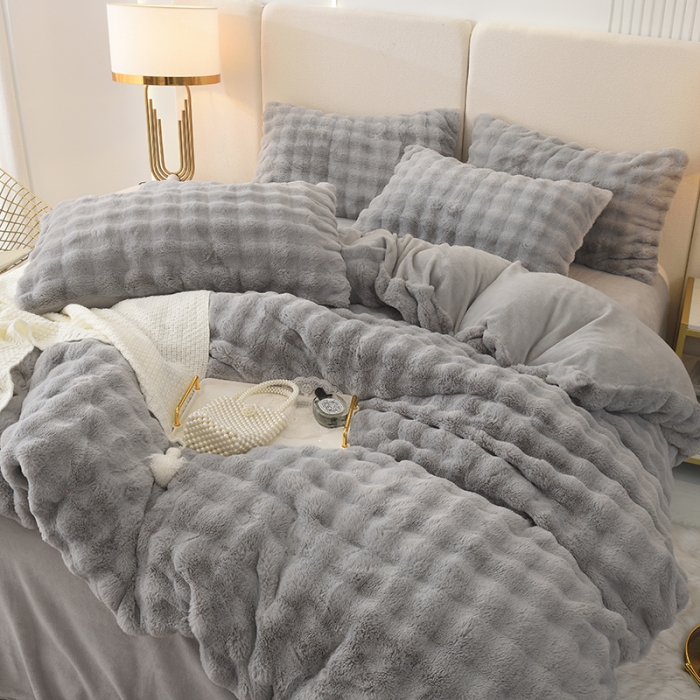 91家纺网 家纺一手货源 找家纺 启优家纺 2023新款泡芙兔毛绒四件套 绅士灰