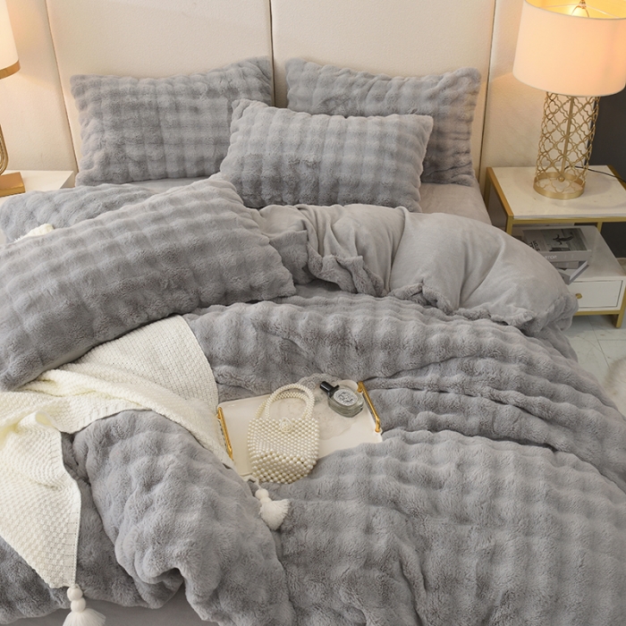 91家纺网 家纺一手货源 找家纺 启优家纺 2023新款泡芙兔毛绒四件套 绅士灰