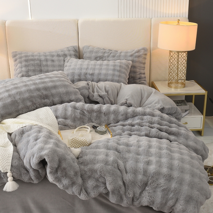 91家纺网 家纺一手货源 找家纺 启优家纺 2023新款泡芙兔毛绒四件套 绅士灰