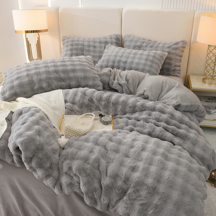 91家纺网 家纺一手货源 找家纺 启优家纺 2023新款泡芙兔毛绒四件套 绅士灰