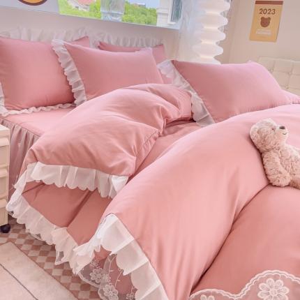 91家纺网 家纺一手货源 找家纺 靓生活 2023新款韩版花边水洗磨毛床裙四件套 豆沙