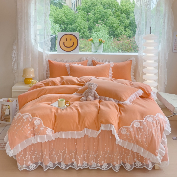 91家纺网 家纺一手货源 找家纺 靓生活 2023新款韩版花边水洗磨毛床裙四件套 橘色