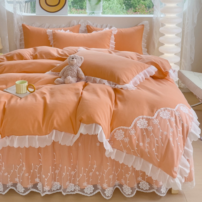 91家纺网 家纺一手货源 找家纺 靓生活 2023新款韩版花边水洗磨毛床裙四件套 橘色