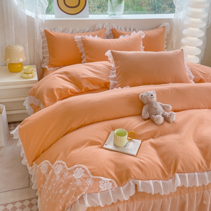 91家纺网 家纺一手货源 找家纺 靓生活 2023新款韩版花边水洗磨毛床裙四件套 橘色