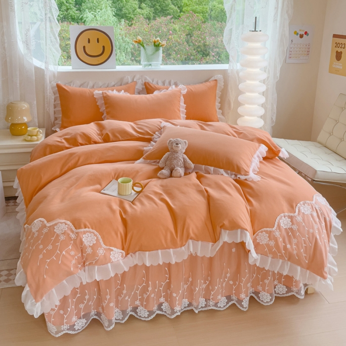 91家纺网 家纺一手货源 找家纺 靓生活 2023新款韩版花边水洗磨毛床裙四件套 橘色