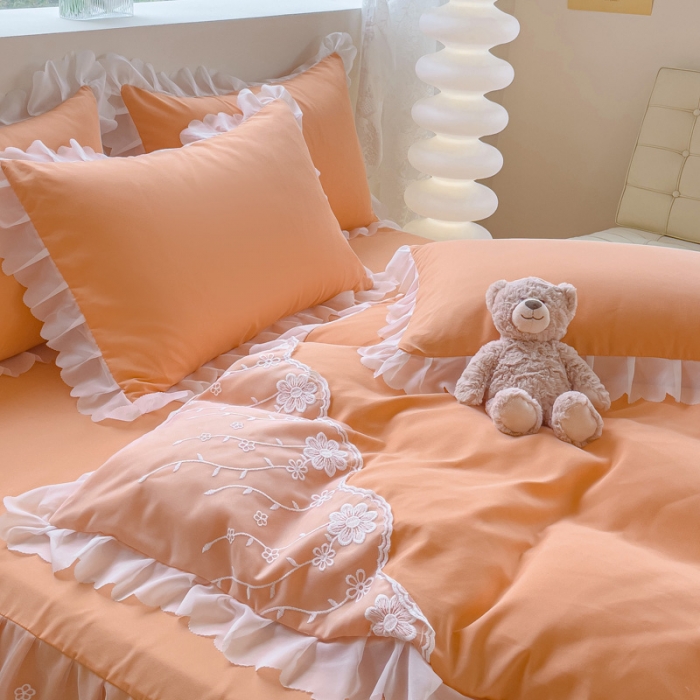 91家纺网 家纺一手货源 找家纺 靓生活 2023新款韩版花边水洗磨毛床裙四件套 橘色